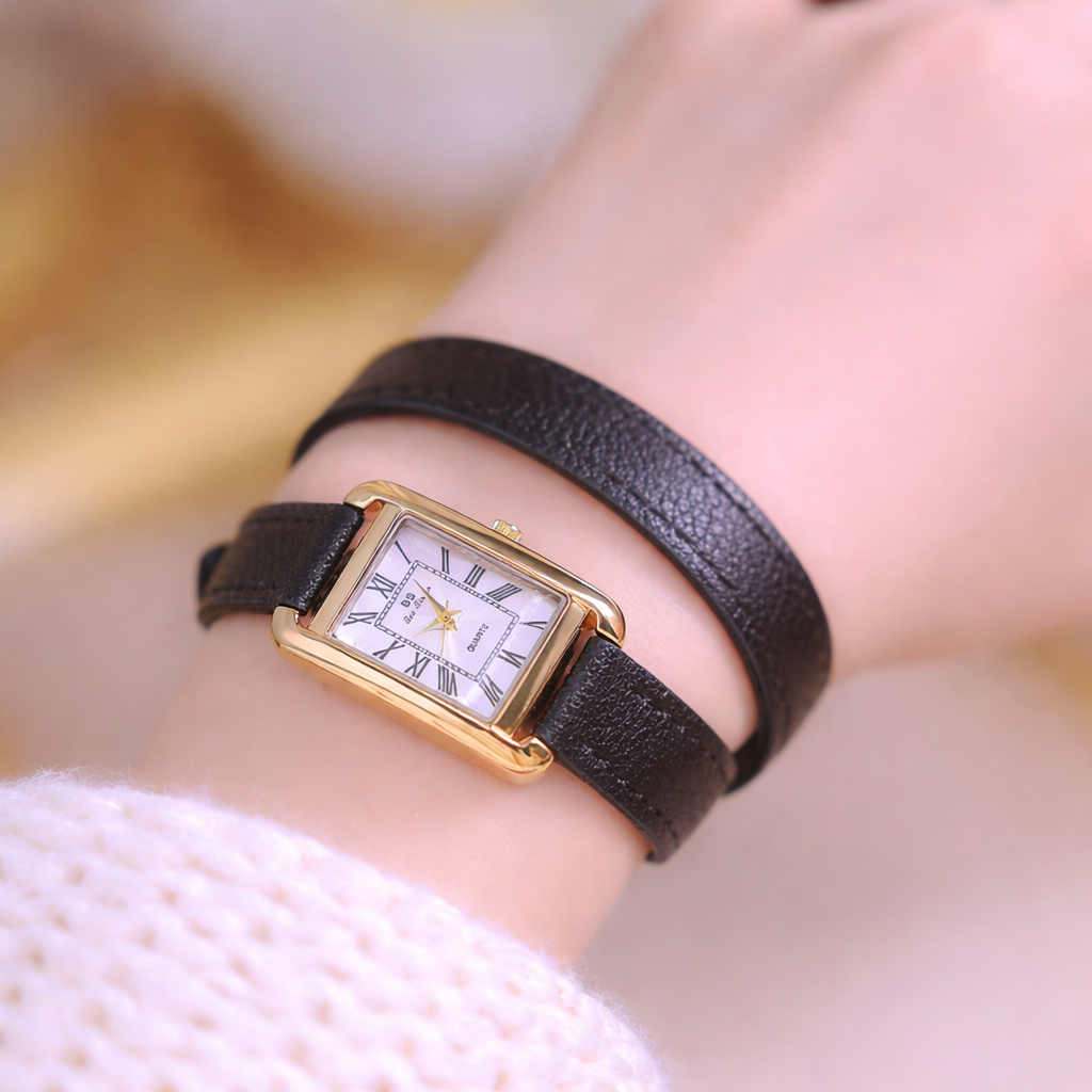 Elegante Damen Armbanduhr im Retro Stil Rechteckiges Zifferblatt & Lederarmband