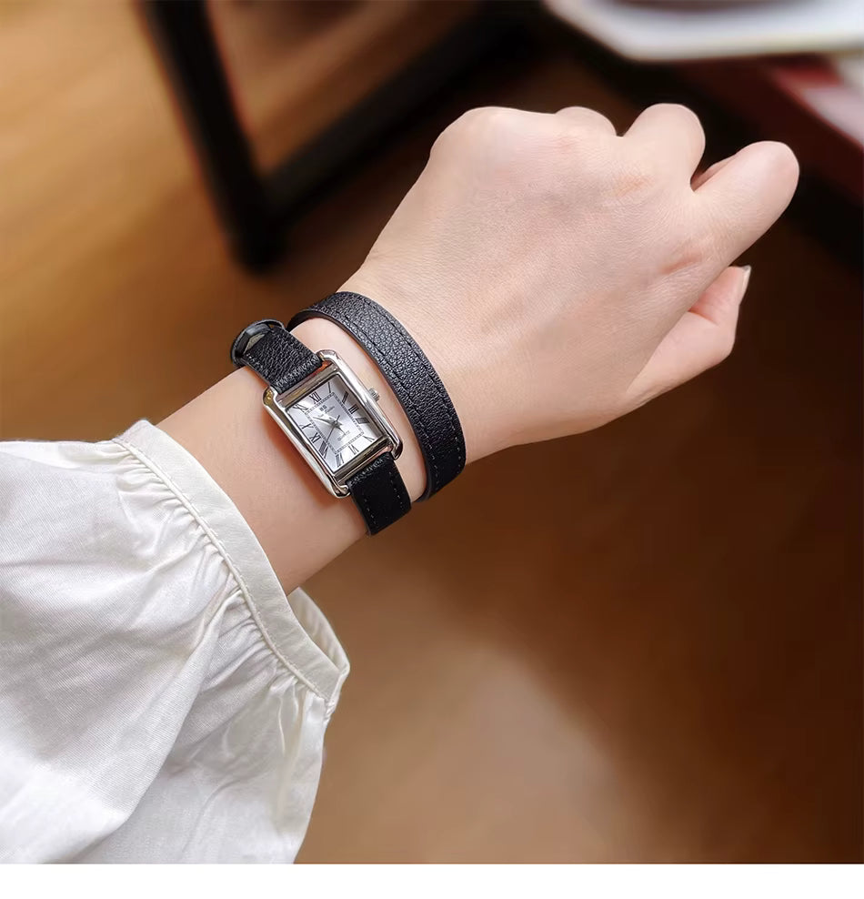 Elegante Damen Armbanduhr im Retro Stil Rechteckiges Zifferblatt & Lederarmband